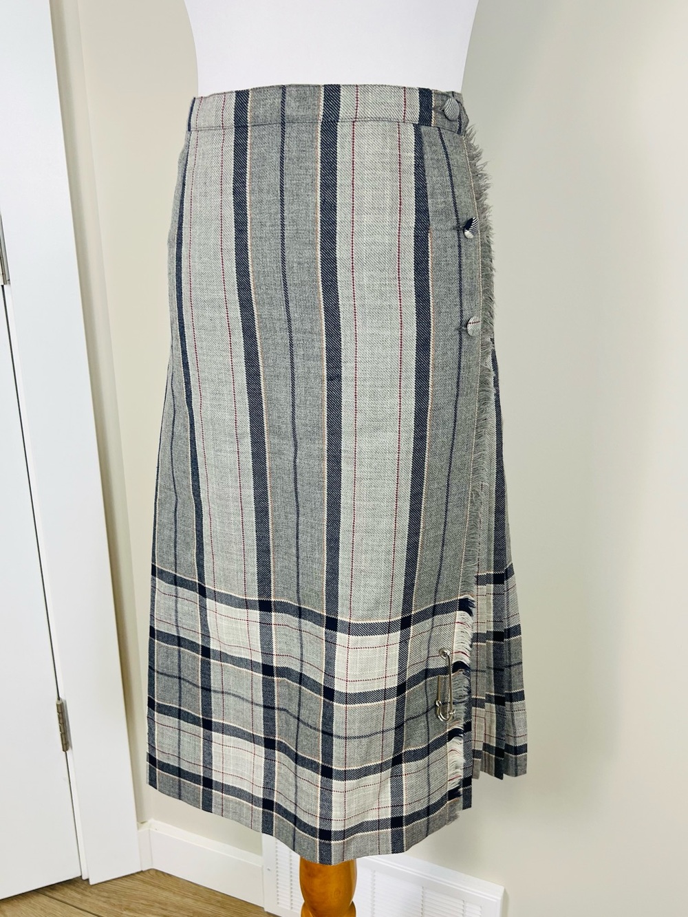 Vintage 100% Wool Striped Midi Skirt in Gray and Black